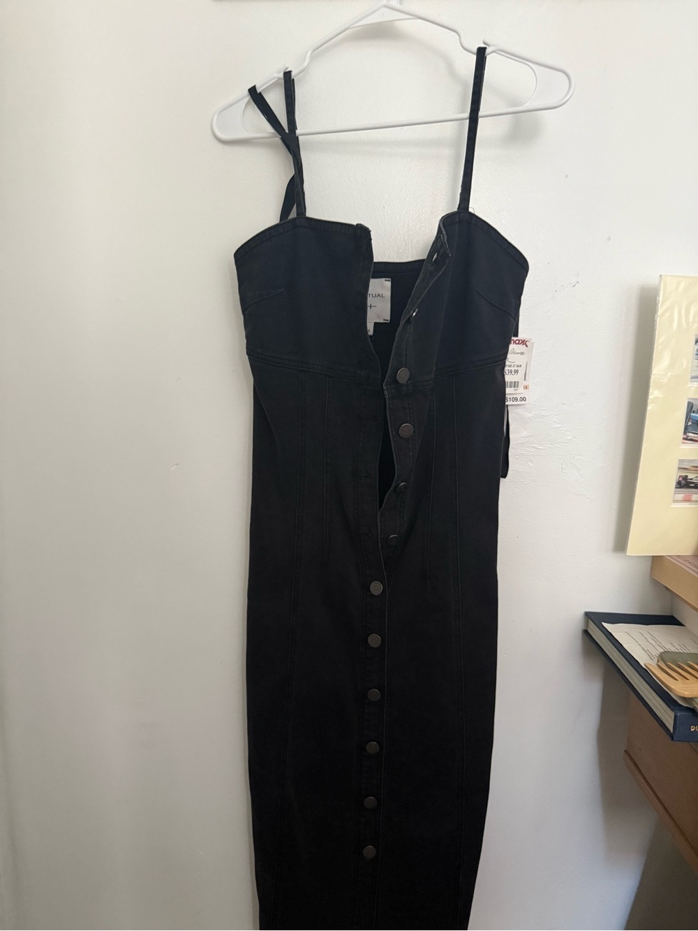Daily Ritual Black Button-Front Midi Dress with Spaghetti Straps